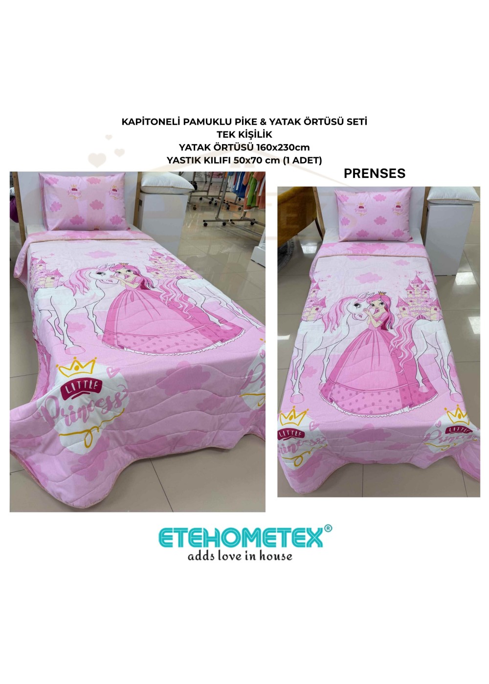 ETEHOMETEX Pamuklu Kapitoneli Yatak Örtüsü Seti TEK KİŞİLİK PRENSES PEMBE 8696474232102